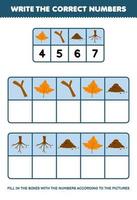 juego educativo para niños escribe los números correctos en el cuadro de acuerdo con las lindas imágenes de la raíz del suelo de la rama de la hoja de arce en la hoja de trabajo de la naturaleza imprimible de la mesa vector