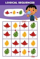 Education game for children logical sequence help cute cartoon boy sort leaf from start to finish printable nature worksheet vector