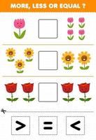 Education game for children count more less or equal of cartoon flower then cut and glue the correct sign nature worksheet vector