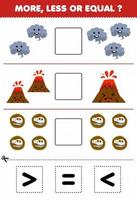 Education game for children count more less or equal of cartoon smoke volcano fossil then cut and glue the correct sign nature worksheet vector