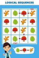 Education game for children logical sequence help cute cartoon scientist sort leaf mushroom and turmeric from start to finish printable nature worksheet vector