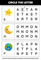 Education game for children circle the beginning letter from cute cartoon star moon planet printable nature worksheet vector