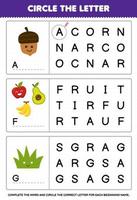 juego educativo para niños encierra en un círculo la letra inicial de la hoja de trabajo de naturaleza imprimible de bellota fruta hierba de dibujos animados lindo vector