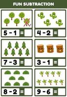 Education game for children fun subtraction by counting and eliminating cute cartoon cactus tree bush wood log printable nature worksheet vector