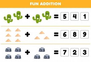 Education game for children fun addition by guess the correct number of cute cartoon cactus sand stone printable nature worksheet vector