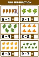 Education game for children fun subtraction by counting and eliminating cute cartoon leaf printable nature worksheet vector