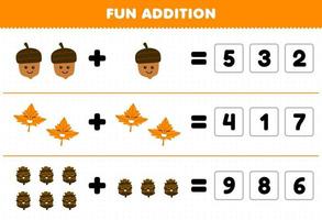 Education game for children fun addition by guess the correct number of cute cartoon acorn maple leaf pinecone printable nature worksheet vector