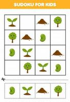 juego educativo para niños sudoku para niños con linda hoja de trabajo de naturaleza imprimible del suelo del árbol de semilla de frijol de dibujos animados vector