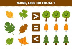 Education game for children more less or equal count the amount of cute cartoon leaf and tree printable nature worksheet vector