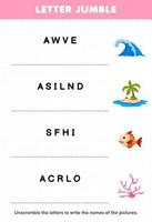 Education game for children letter jumble write the correct name for cute cartoon wave island fish coral printable nature worksheet vector
