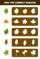 Education game for children find the correct shadow silhouette of cute cartoon leaf printable nature worksheet vector