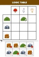 Education game for children logic table cartoon mushroom match with bush stone or wood log printable nature worksheet vector