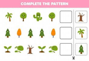 juego educativo para niños corta y completa el patrón de cada fila de una linda hoja de trabajo de árbol de dibujos animados vector