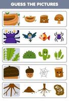 Education game for children guess the correct pictures of cute cartoon nest spider leaf acorn root printable nature worksheet vector