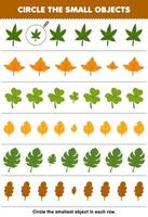 Education game for children circle the smallest object in each row of cute cartoon leaf printable nature worksheet vector