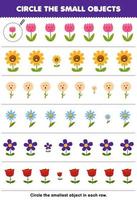 Education game for children circle the smallest object in each row of cute cartoon flower printable nature worksheet vector