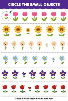 Education game for children circle the smallest object in each row of cute cartoon flower printable nature worksheet