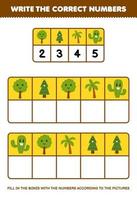 Education game for children write the right numbers in the box according to the cute cactus palm tree pictures on the table printable nature worksheet vector