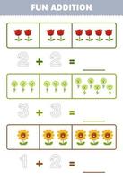 Education game for children fun addition by counting and tracing the number of cute cartoon flower printable nature worksheet vector