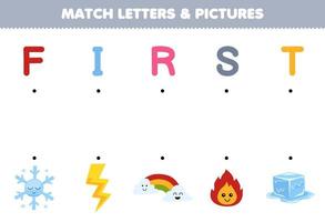 juego educativo para niños unir letras e imágenes de dibujos animados lindo copo de nieve trueno arco iris fuego hielo hoja de trabajo de naturaleza imprimible vector