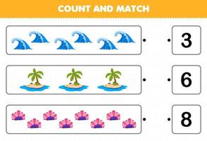 juego educativo para niños cuente el número de lindos dibujos animados ola isla coral y haga coincidir con los números correctos hoja de trabajo de naturaleza imprimible vector