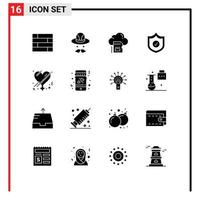 Pack of 16 creative Solid Glyphs of romance gender data female security Editable Vector Design Elements