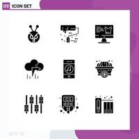 Set of 9 Vector Solid Glyphs on Grid for music communications computer left cloud Editable Vector Design Elements