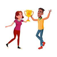 Teen boy girl with trophy cup vector