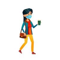 niña adolescente con máscara camina con vector de taza de café