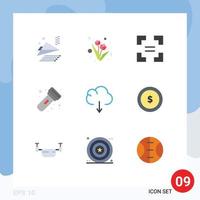 Universal Icon Symbols Group of 9 Modern Flat Colors of coin download equal data torch Editable Vector Design Elements