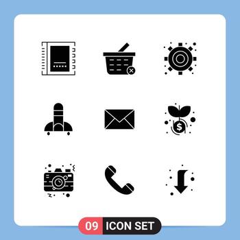 conjunto de 9 paquetes de glifos sólidos comerciales para elementos de diseño de vectores editables de ciencia espacial de motor de correo electrónico de mensaje