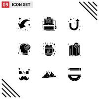 9 User Interface Solid Glyph Pack of modern Signs and Symbols of break productivity screen thinking disc Editable Vector Design Elements