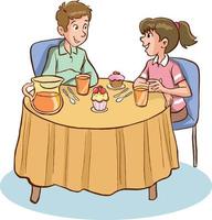 children eating cake at the table cartoon vector