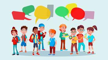 Group Of Pupils Vector. School. Mix Race. Chat Bubbles. Communication Social Network. Social Group. Flat Cartoon Illustration vector