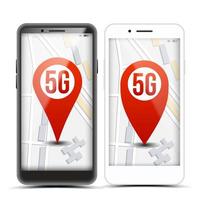 Signo de puntero 5g en el vector de pantalla móvil. teléfono inteligente icono rojo conexión wifi a internet. velocidad. tecnología futura de la red inalámbrica de internet. ilustración aislada
