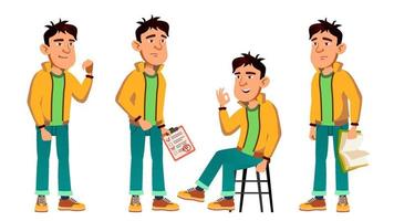 Asian Bad Boy Poses Set Vector. High School Child. Teenage. Beauty, Lifestyle, Friendly. For Postcard, Announcement, Cover Design. Isolated Cartoon Illustration vector