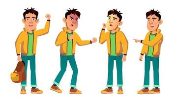 Asian Bad Boy Kid Poses Set Vector. High School Child. For Web, Poster, Booklet Design. Isolated Cartoon Illustration vector