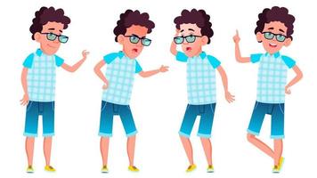 Boy Schoolboy Kid Poses Set Vector. High School Child. Child Pupil. Active, Joy, Leisure. For Advertisement, Greeting, Announcement Design. Isolated Cartoon Illustration vector