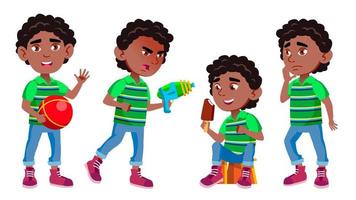 Black, Afro American Boy Kindergarten Kid Vector. Little Child On Playground. Having Fun. For Advertisement, Greeting, Announcement Design. Isolated Cartoon Illustration vector
