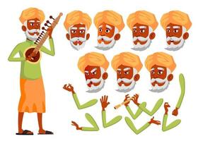 Indian Old Man Vector. Hindu. Asian. Senior Person. Aged, Elderly People. Friends, Life. Face Emotions, Various Gestures. Animation Creation Set. Isolated Flat Cartoon Character Illustration vector
