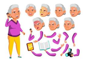 Asian Old Woman Vector. Senior Person. Aged, Elderly People. Leisure, Smile. Face Emotions, Various Gestures. Animation Creation Set. Isolated Flat Cartoon Character Illustration vector