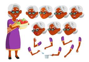 Indian Old Woman Vector. Hindu. Asian. Senior Person. Aged, Elderly People. Friends, Life. Face Emotions, Various Gestures. Animation Creation Set. Isolated Flat Cartoon Character Illustration vector