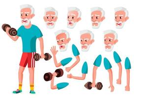 Old Man Vector. Senior Person. Aged, Elderly People. Cute, Comic. Joy. Face Emotions, Various Gestures. Animation Creation Set. Isolated Flat Cartoon Character Illustration vector