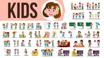 Kids Children Set Vector. Funny Family Members Spending Time Together At Home, Outdoor. Lifestyle Situations. School, Kindergarten. Cartoon Illustration vector