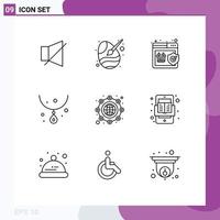 paquete de 9 signos y símbolos de contornos modernos para medios de impresión web, como elementos de diseño de vectores editables de compras de gemas de pintura de joyería global