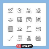 Mobile Interface Outline Set of 16 Pictograms of human eye notification water message house Editable Vector Design Elements