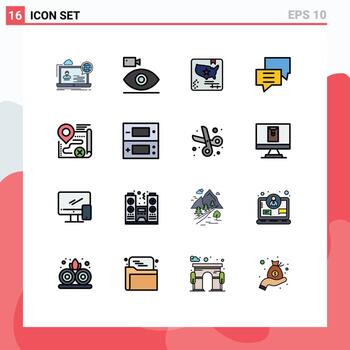 Set of 16 Commercial Flat Color Filled Lines pack for discuss chat device bubbles map Editable Creative Vector Design Elements