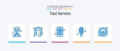 servicio de taxi azul 5 paquete de iconos que incluye. volante. aplicación movil. direccion. señal de tráfico. diseño de iconos creativos