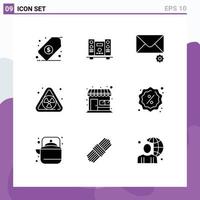 Pack of 9 Modern Solid Glyphs Signs and Symbols for Web Print Media such as store market store mail market pollution Editable Vector Design Elements