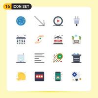 Mobile Interface Flat Color Set of 16 Pictograms of vacation calendar media power cord Editable Pack of Creative Vector Design Elements